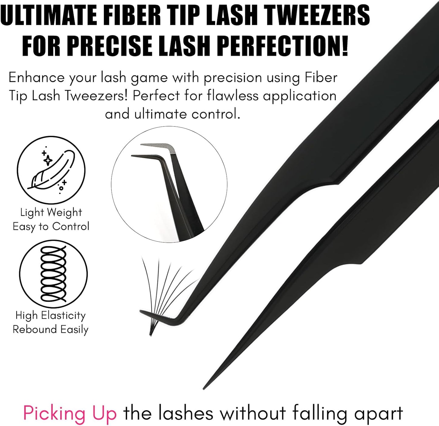2Pcs Fiber Tip Lash Tweezers for Eyelash Extensions and Straight Isolation Tweezer Set – Professional Precision Fan Making, Mega Volume Boot Lashing, Classic & Mink Eyelashes, Black-FemmiqueWomen