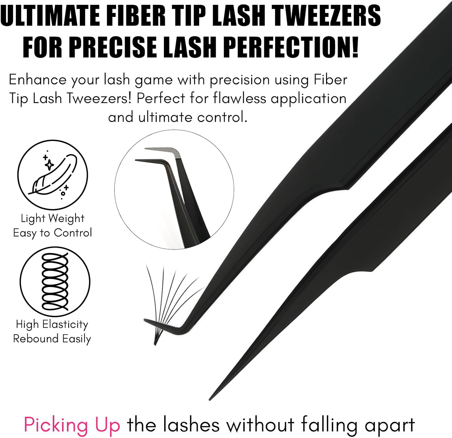 2Pcs Fiber Tip Lash Tweezers for Eyelash Extensions and Straight Isolation Tweezer Set – Professional Precision Fan Making, Mega Volume Boot Lashing, Classic & Mink Eyelashes, Black-FemmiqueWomen