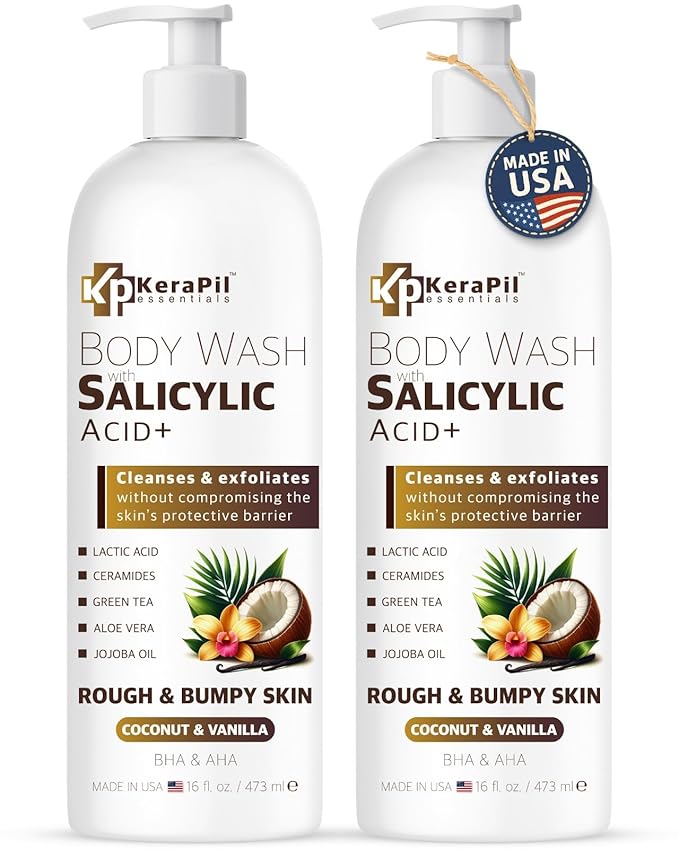 Exfoliating Body Wash with Salicylic Acid - No Dry Out, Gentle Exfoliates Rough and Bumpy Skin, Body Acne Wash, BHA & AHA - Coconut and Vanilla Salicylic Acid Body Wash - (16 fl oz x 2)-FemmiqueWomen