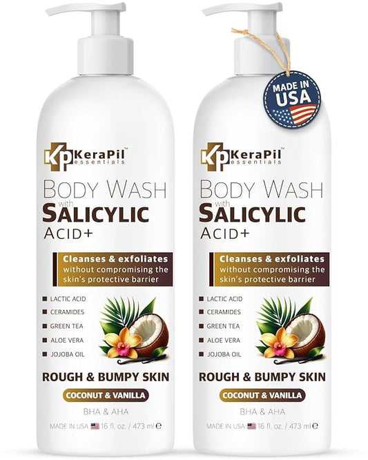 Exfoliating Body Wash with Salicylic Acid - No Dry Out, Gentle Exfoliates Rough and Bumpy Skin, Body Acne Wash, BHA & AHA - Coconut and Vanilla Salicylic Acid Body Wash - (16 fl oz x 2)-FemmiqueWomen