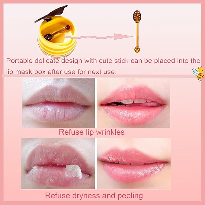 2 PCS Bee Lip Balm Honey Pot, Honey Strawberry Bee Lip Balm Sleeping Lip Mask Overnight with Sticks, Honey Pot Lip Balm Hydrating Exfoliating Prevention Dry and Crack Lip Scrubs-FemmiqueWomen