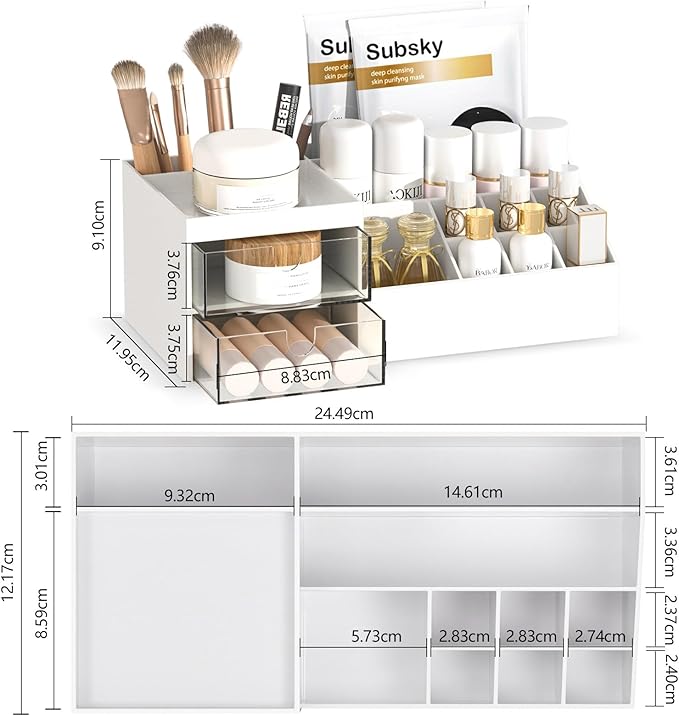 Subsky Makeup Organizer with Drawers, Easy Storage for Beauty Products Brushes, Multifunction Plastic Desk Organizer, Cosmetics Organizer for Countertop Dresser Vanity and Bathroom (White)-FemmiqueWomen