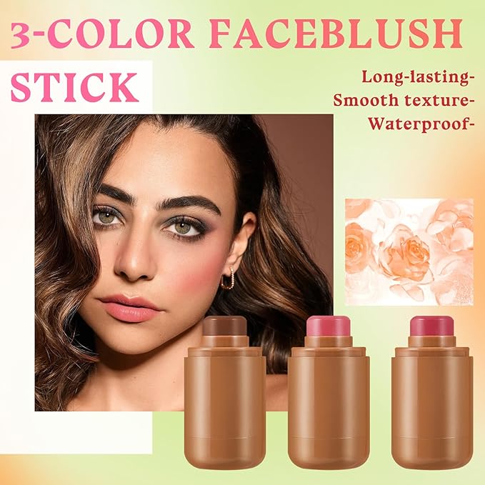 3PCS Blush Stick for Cheeks,Multi-use Solid Matte Makeup Stick Blush Cream for Cheek Eyes and Lips Tint,Moisturizing Tinted Cream Blush,Natural Blendable Cheek Blusher with 3 Makeup Sponges A4-FemmiqueWomen