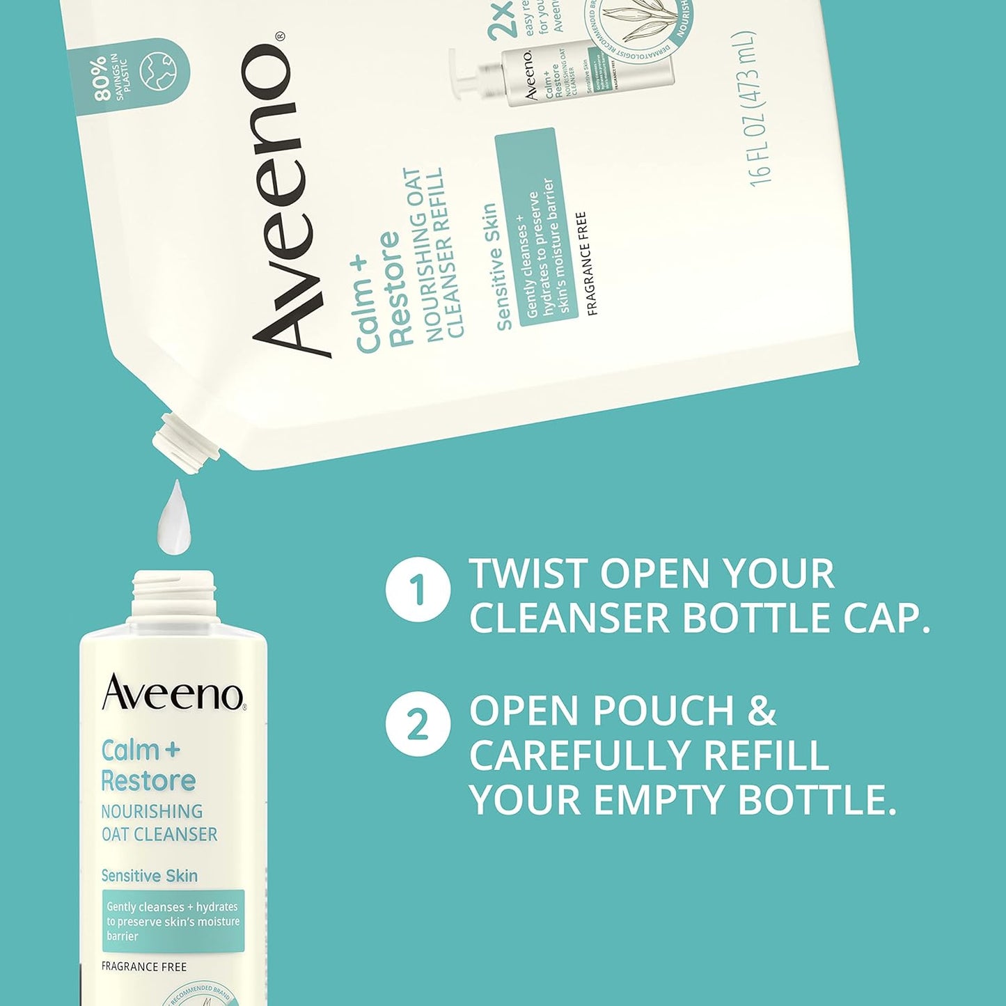 Aveeno Calm + Restore Nourishing Oat Facial Cleanser for Sensitive Skin, Gentle Face Wash with Nourishing Oat & Calming Feverfew, Hypoallergenic, Fragrance-Free, Refill Pouch, 16 fl. oz-FemmiqueWomen