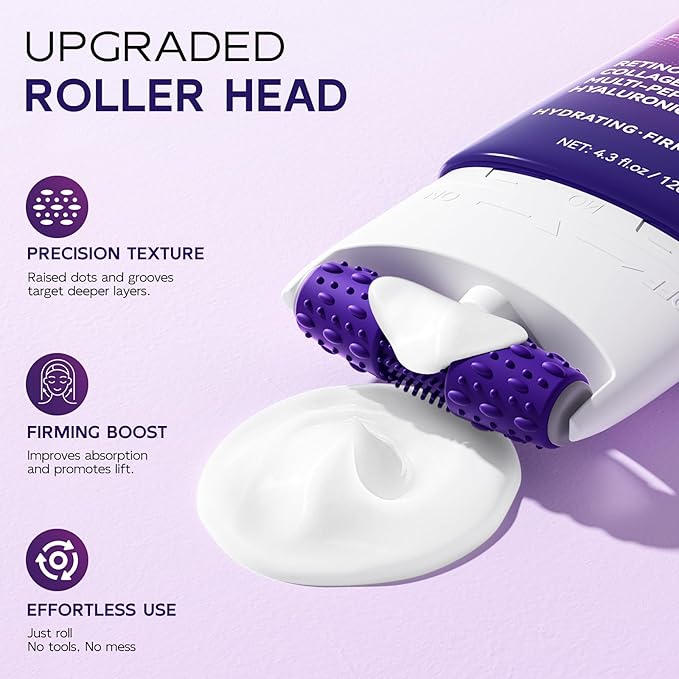 Firming Neck & Décolleté Cream with Retinol, AH-8 Hexapeptide, Collagen & Squalane – Instant Face Lift Cream for Wrinkles, Tightening & Crepey Skin – Neck Firming cream with Massage Roller – 4.3 fl oz-FemmiqueWomen