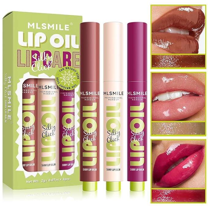 3 Colors Fat Lip Oil Click Slick, Moisturizing and Long-lasting Lip Balm, Non-stick and High Pigment Lip Glow Oil, Lightweight Lip Plumper with Coconut Oil (Set: B)-FemmiqueWomen