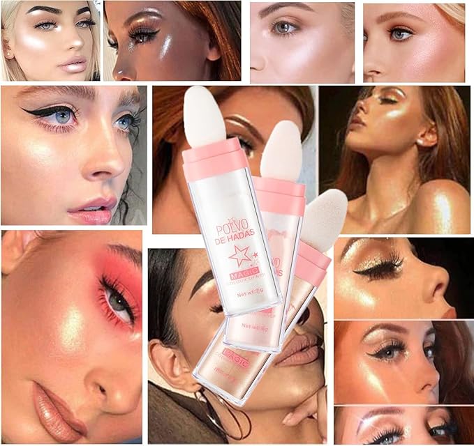 3 Color Polvo De Hadas, Body Glitter Highlighter Powder Fairy Stick for Makeup Shimmer and Shine High Gloss Blush Contour Powder Makeup - Sparkle Patting for Hair Face Eyes Body-FemmiqueWomen