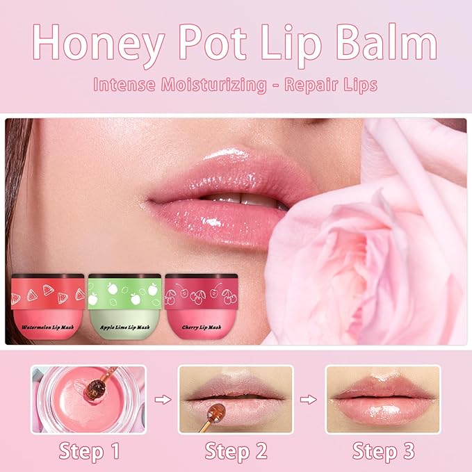 3 Pcs Bee Lip Balm Honey Pot, Cherry Watermelon Apple Lip Mask Overnight, Moisturizing Lip Sleeping Mask, Hydrate Repair Prevent Dry Cracked Lip Exfoliator Lip Care (Cherry+Watermelon+Apple Lime)-FemmiqueWomen