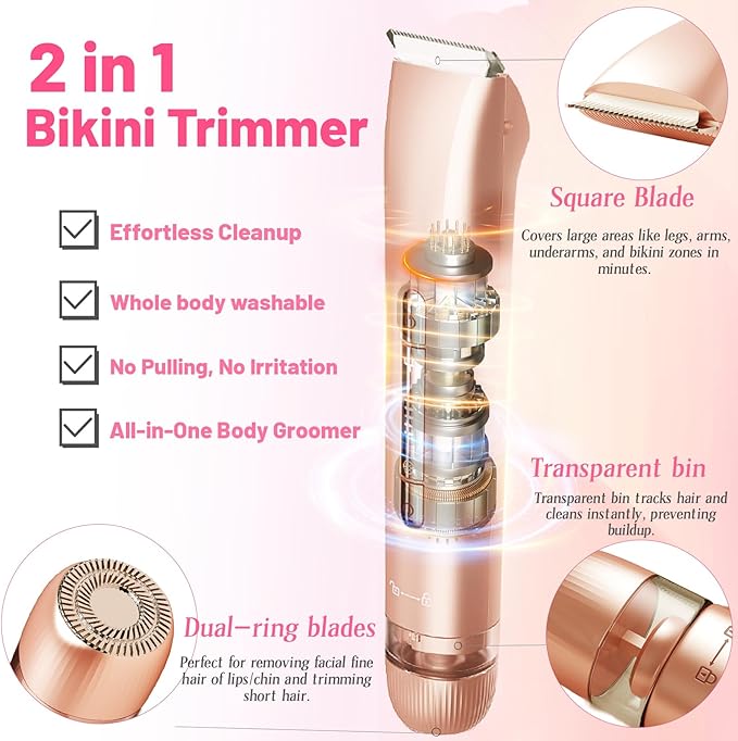 2 in 1 Electric Bikini Trimmer for Women, Dual Head Painless Razor Shaver,Wet & Dry Use Body Hair Trimmer and Facial Hair Remover for Underarm Leg Arm Body Face-FemmiqueWomen