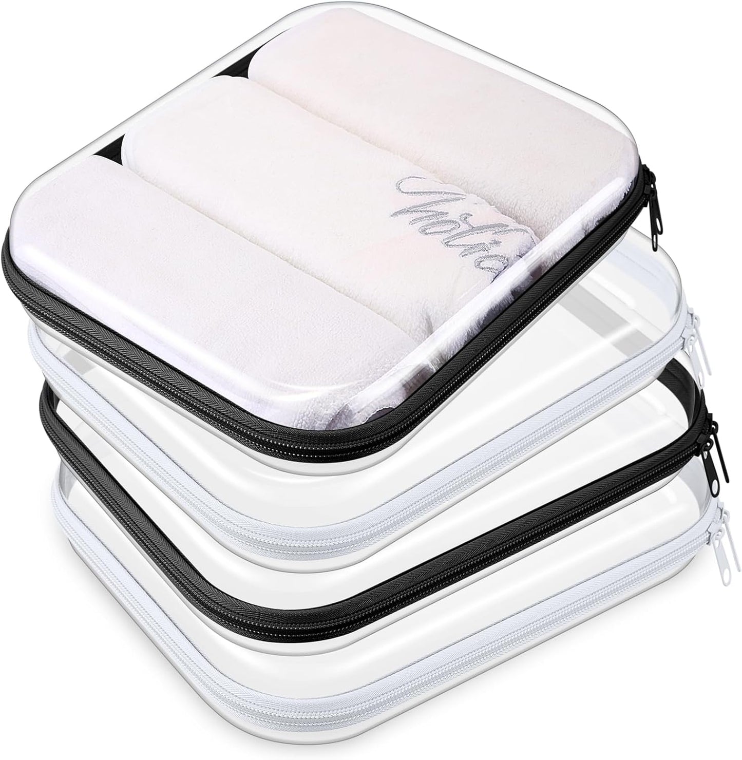 Hoolerry 4 Pcs Hard Clear Zipper Case Makeup Bags Plastic Pencil Pouch Transparent Storage Box Containers for Cosmetics, Snacks, Building Blocks, Puzzles(Black and White,9.8 x 7.9 x 2 in)-FemmiqueWomen