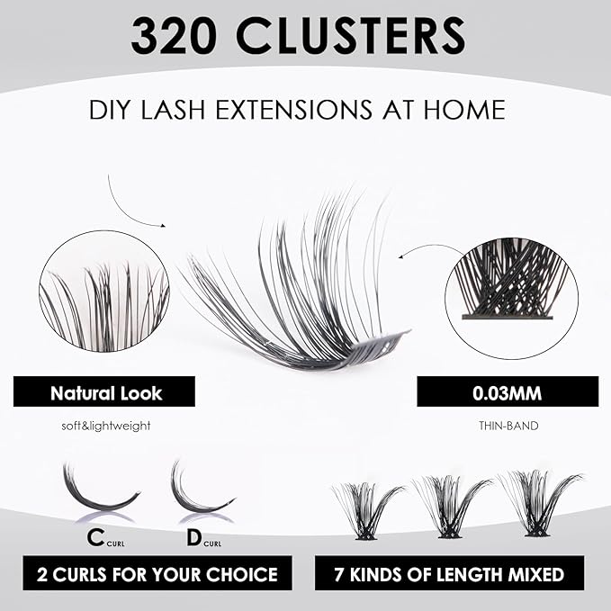 DIY Lash Extensions Kit 320pcs Individual Lashes Clusters 60D 80D D Curl Eyelash Extension Kit with Applicator and Lash Bond&Seal,Clusters Lash Glue Remover For False Eyelash Mix 10-16mm (60D+80D KIT)-FemmiqueWomen