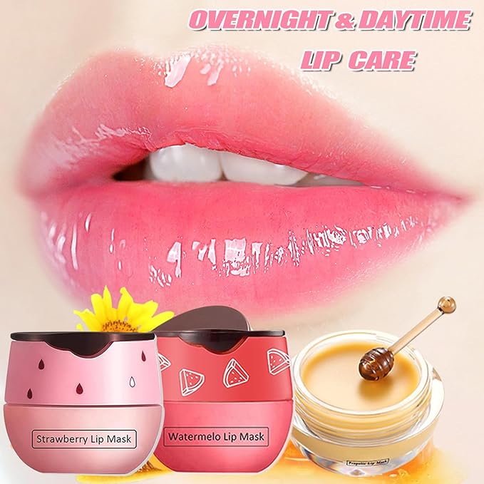 3 PCS Bee Lip Balm Honey Pot, Honey&Strawberry&Watermelon Lip Sleeping Mask Hydrating Prevention Dry and Cracked Lip Scrubs Exfoliator Lip Care, Overnight Lip Mask Reduces Lip Lines-FemmiqueWomen