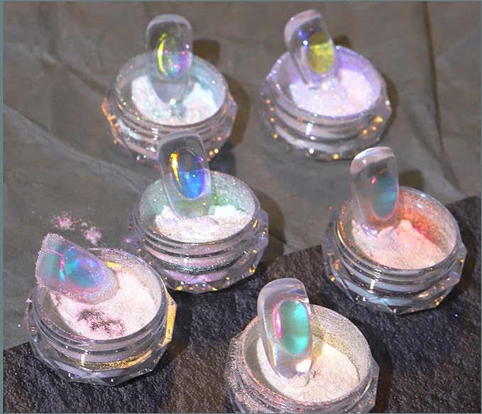 3 Boxes Ice Transparent Aurora Nail Powder Neon Rainbow Holographic Chameleon Powder Multi Chrome Iridescent Pigment Pearlescent Nail Art Glitters(Transparent#4#5#6)-FemmiqueWomen
