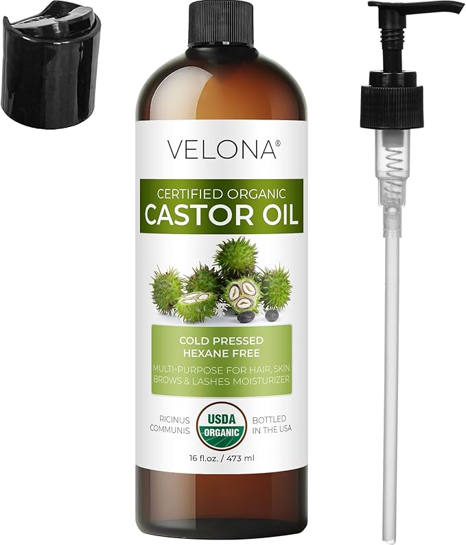 velona USDA Certified Organic Castor Oil - 16 fl oz (With Pump) | For Hair Growth, Boost Eyelashes, Eyebrows | Cold pressed, Natural Oil, USP Grade | Hexane Free, Lash Serum, Caster-FemmiqueWomen