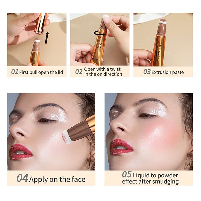 3pcs Contour Beauty Wand, Blush Wand and Liquid Highlighter Wand with Cushion Applicator, Long Lasting Silky Smooth Blendable Contour Highlighter Blush Stick,Cruelty Free,Contour +Blush +Highlighter Set（#01+#03+#05）-FemmiqueWomen