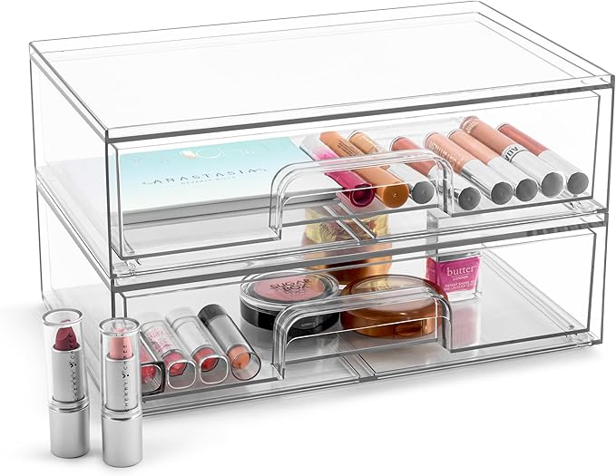 Sorbus Acrylic Storage Containers - 2 Pack, Stackable Storage Bins Set for Bathroom Organization - Clear Acrylic Drawer Organizers - Makeup Case Pull-Out Drawers (12.1’’ Wide)-FemmiqueWomen