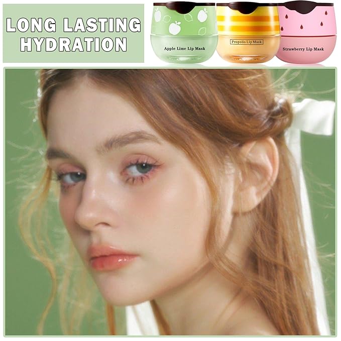 3PCS Bee Lip Balm Honey Pot Honey Strawberry Apple Lip Balm Sleeping Lip Mask Silky Hydrating Bee Lip Balm Lip Mask Overnight Lip Care Products(Honey+Strawberry+Apple Lime)-FemmiqueWomen