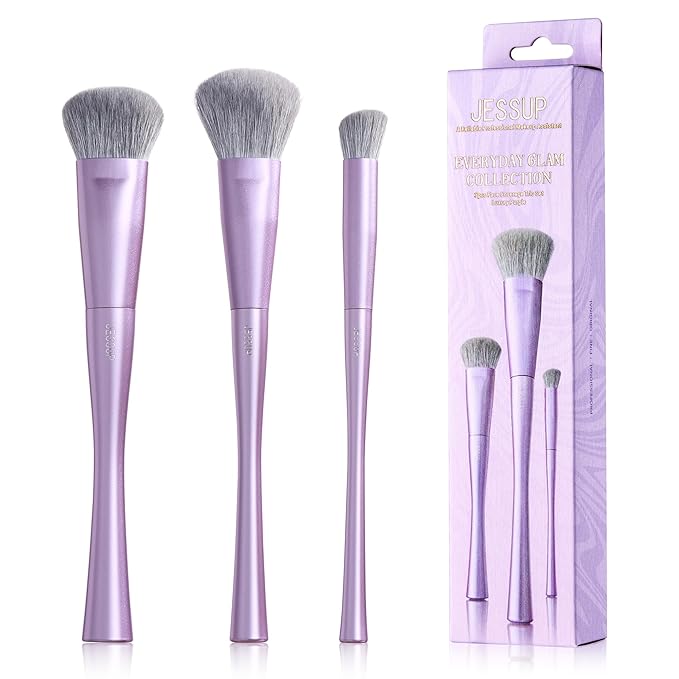 Jessup Face Makeup Brush Set 3 pcs, Ultra-Soft Dense Makeup Brushes for Foundation Contour Powder and Blush, Premium Synthetic Fiber, Luxury Purple T513-FemmiqueWomen