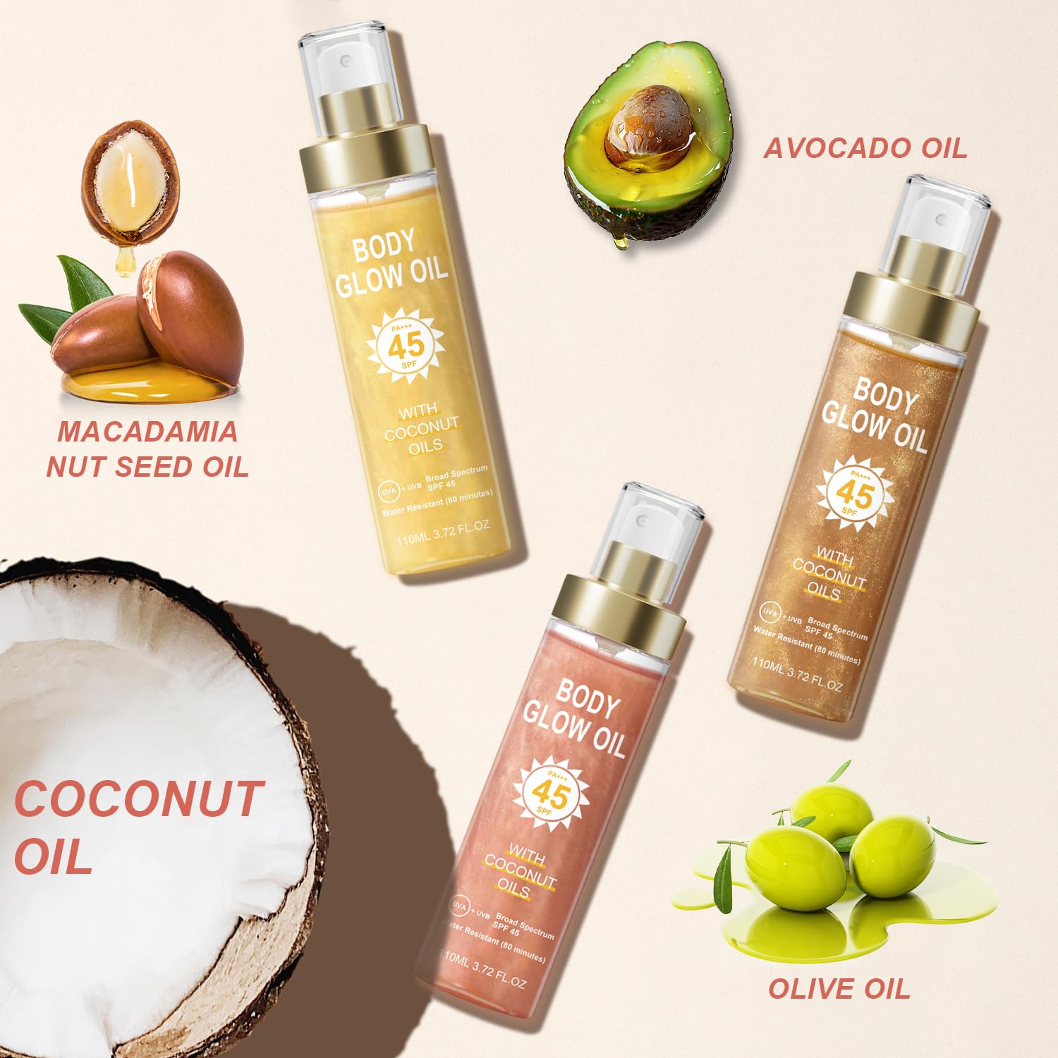 Body Glow Oil, Sunscreen Shimmer Oil, SPF 45 Broad Spectrum, Body Oil with with Coconut Oils, Moisturizing Glow for Face & Body, Liquid Illuminator Highlighter, Water Resistant, 3.72 fl oz (#3 AMBER)-FemmiqueWomen