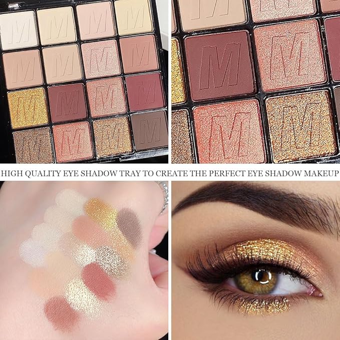16 Colors Nude Champagne Gold Glitter Matte Shimmer Eyeshadow Palette for Eye Makeup,High Pigmented Brown Eye Shadow Primers Powder Palet de sombras de ojos-FemmiqueWomen