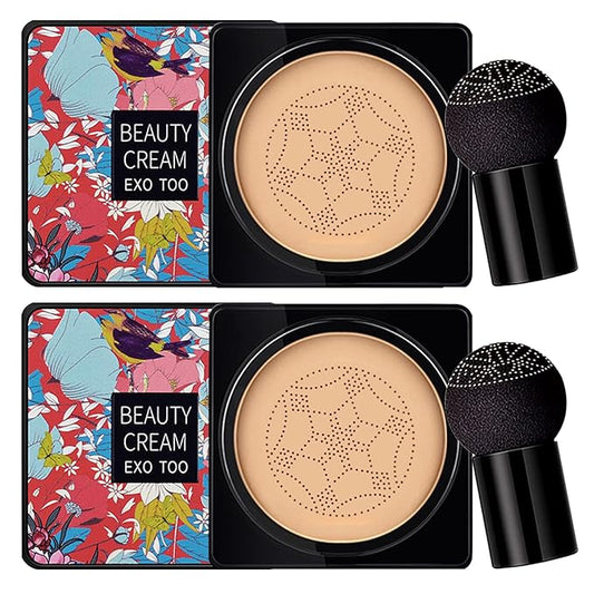 2 Pack Mushroom Head Air Cushion CC Cream Foundation,Beauty Cream EXO TOO Moisturizing BB Cream, Long Lasting Matte Concealer with 2PCS Mushroom Head Sponges (Natural)-FemmiqueWomen