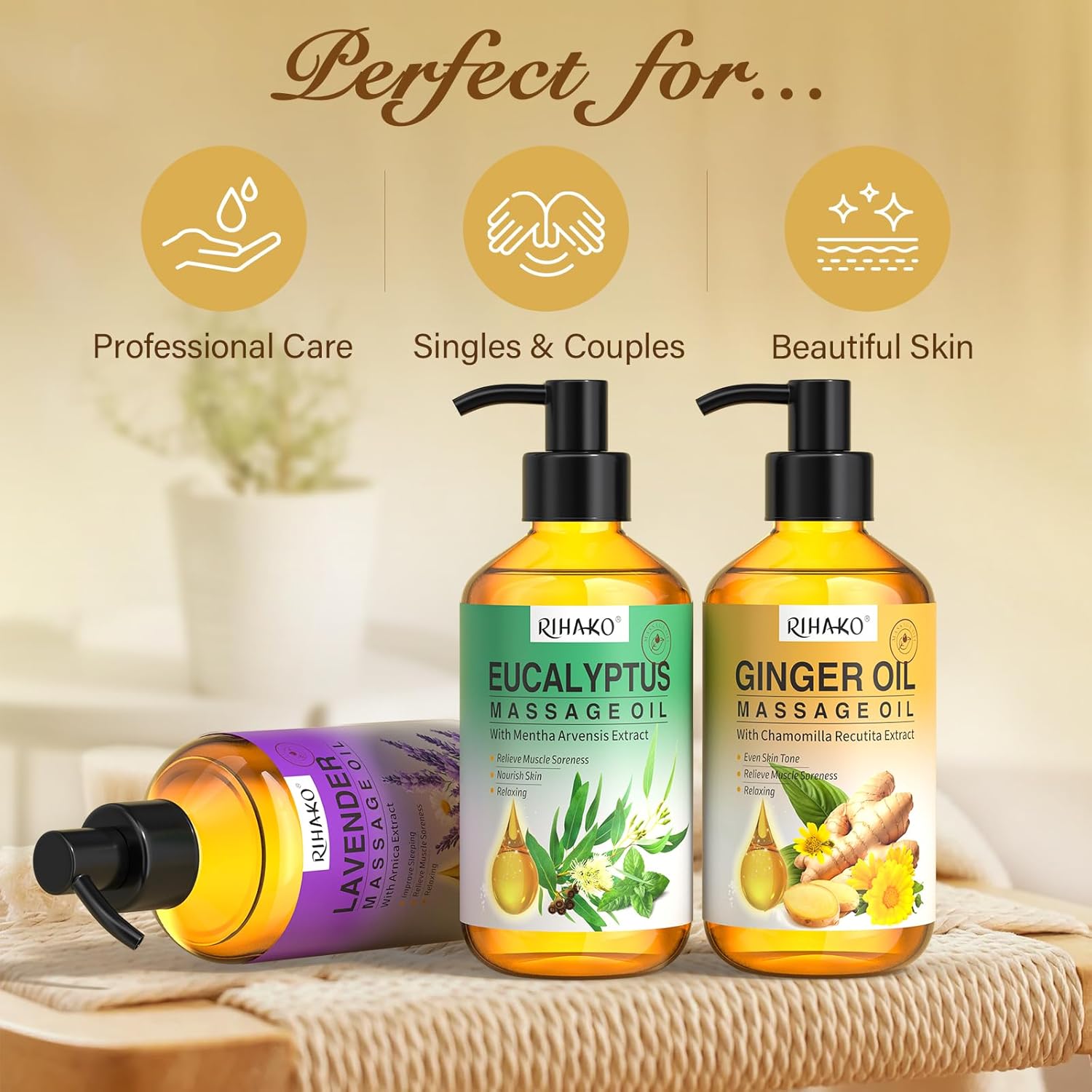 3 Pack Massage Oil for Massage Therapy,Ginger for Lymphatic Drainage, Lavender for Relaxation, Eucalyptus Mint for Muscle Relief | Massage Therapy & Date Night Spa Gift with Massage Ball for Him & Her-FemmiqueWomen
