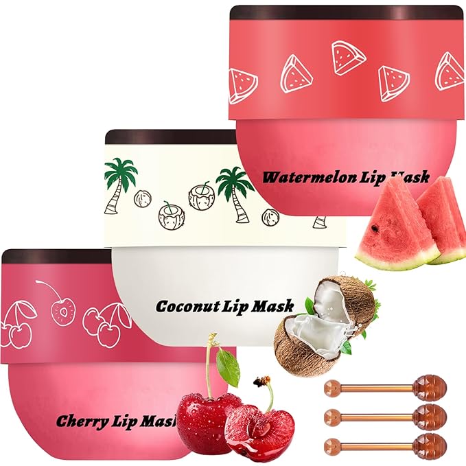 3 PCS Bee Lip Balm Lip Mask Honey Pot, Watermelon & Cherry & Coconut Lip Mask Propolis Moisturizing Lip, Hydrating Prevention Dry and Cracked Lip Scrubs Exfoliator (Watermelon & Cherry & Coconut)-FemmiqueWomen
