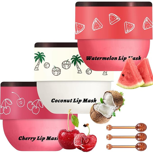 3 PCS Bee Lip Balm Lip Mask Honey Pot, Watermelon & Cherry & Coconut Lip Mask Propolis Moisturizing Lip, Hydrating Prevention Dry and Cracked Lip Scrubs Exfoliator (Watermelon & Cherry & Coconut)-FemmiqueWomen