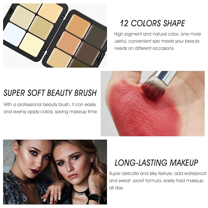 12 Colors Cream [Contour+Concealer] Makeup Palette for Cheeks - Multi-functional Makeup Palette with Brush, Natural Matte Long Wearing, Waterproof Blendable Face Makeup Palette (#03)-FemmiqueWomen