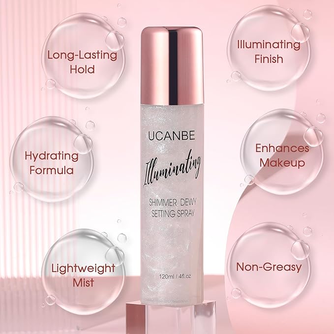 UCANBE Shimmer Dewy Setting Spray – Glowing + Makeup Setting Spray 2 in 1 Lightweight Formula for a Radiant Glow,Long-Lasting Face Mist for Face Body, 4 Fl Oz #Silver-FemmiqueWomen