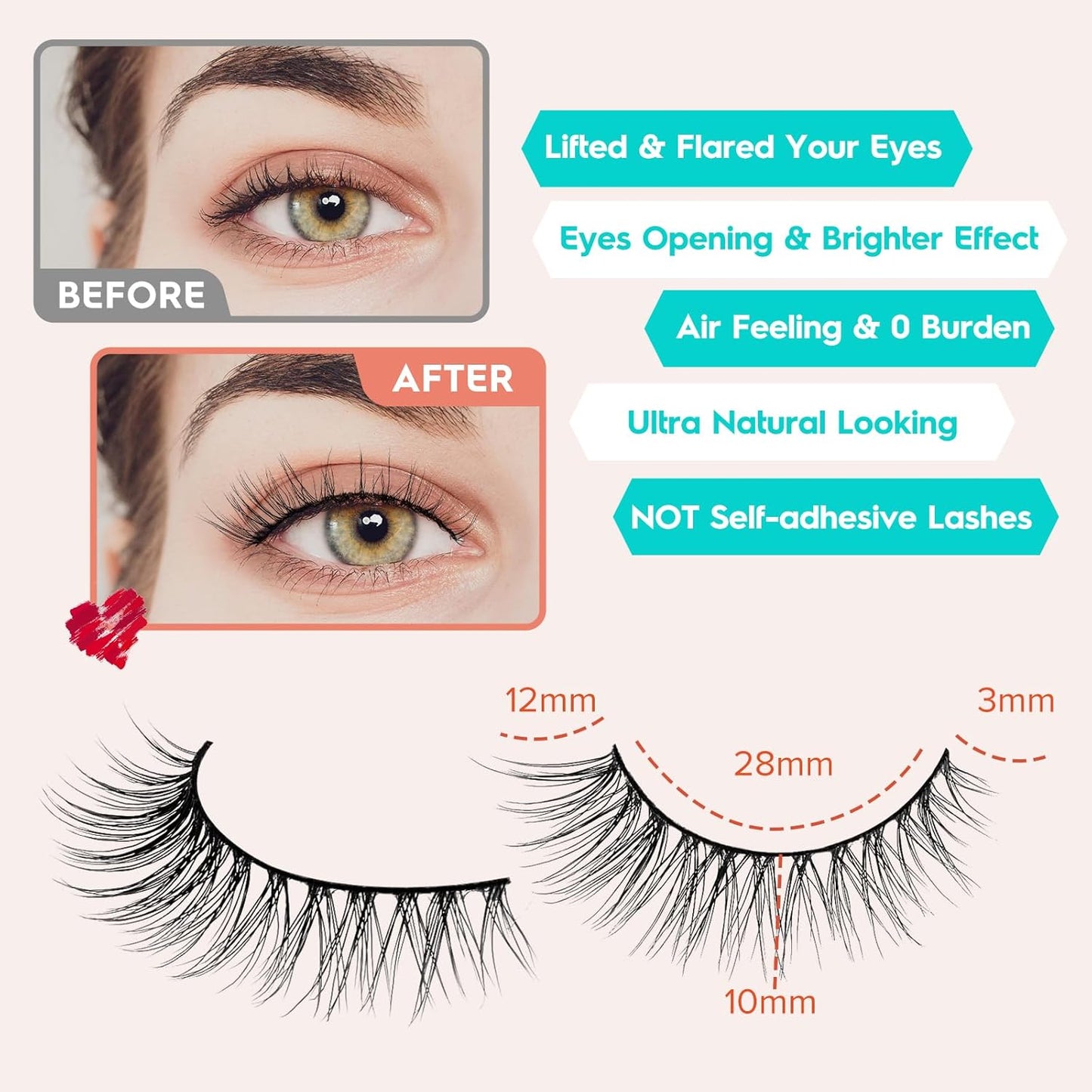False Eyelashes Wispy Lashes Natural Look 12mm Cat Eye Eyelashes 3D Volume Natural Lashes 0.1MM Thin Band Strip Lashes Siligli Eye Lashes C Curl 7 Pair-FemmiqueWomen