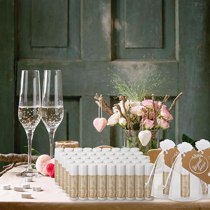 100 Set Thank You Lip Balm Bulk Small Natural Moisturizing Mini Lip Balm with Organza Bag and Card for Baby Wedding Bridal Shower Thank You Favors Bridesmaid Gifts Women Guests-FemmiqueWomen