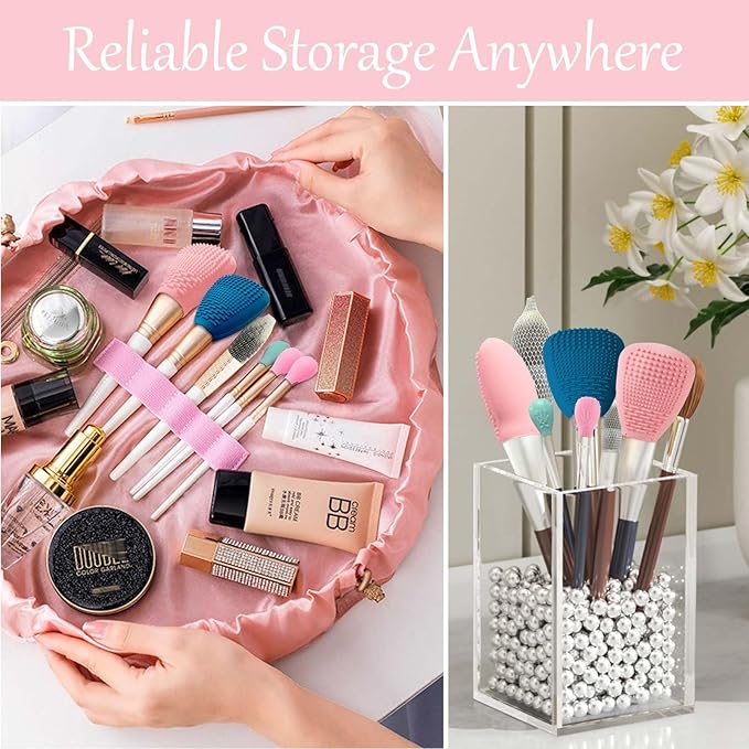 Silicone Travel Make-up Brush Holder with Cleaner Mat Pad, Organizer Case Covers for Foundation Eye Lip Brushes Storage Cleaning, Gift for Women Girl-friend Mother Wife, 5-Pcs Large + 7 Small, Blue-FemmiqueWomen