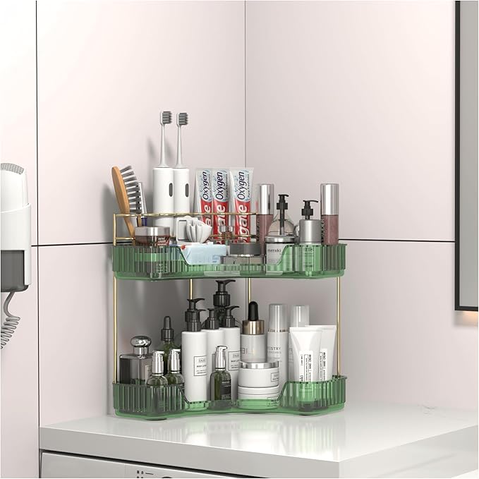 2 Tier Corner Bathroom Organizer Countertop, Vanity Makeup Organizer with Brush Holder, Space-Saving Skincare Storage Corner Shelf for Bathroom, Dressing Table, Kitchen-FemmiqueWomen