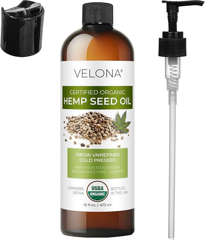 velona Hemp Seed Oil USDA Certified Organic - 16 Fl Oz | 100% Pure and Natural Carrier Oil | Unrefined, Cold Pressed | Hair, Body, Face & Skin Care-FemmiqueWomen