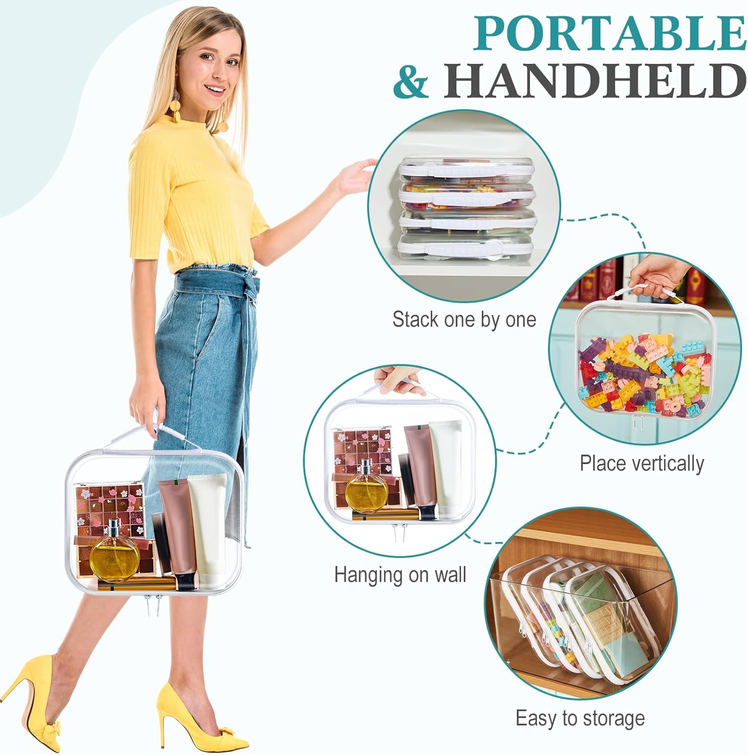 Sanwuta 4 Pcs Clear Hard Zipper Case with Handle Office Storage Cases Hard Plastic Pouches Transparent Bins for Crafts, Pencils, Snacks, Cosmetics, Puzzles(9.8 x 7.9 x 2 Inches,White)-FemmiqueWomen