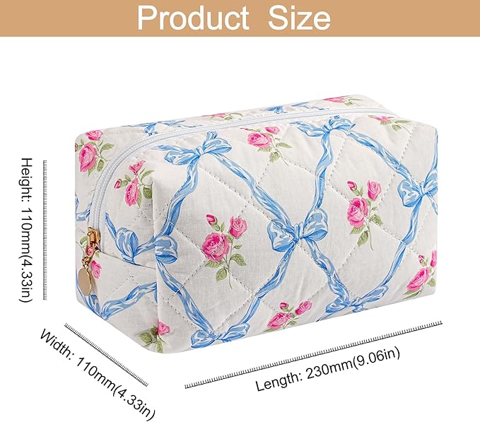 Makeup Bag Travel Cosmetic Bag for Women Girls, Zipper Make Up Pouch, Floral Flowers Toiletry Organizer Makeup, Portable Storage Bag, Cosmetic Travel Cloth Bag (Blue Bowknot/Gold Zipper)-FemmiqueWomen