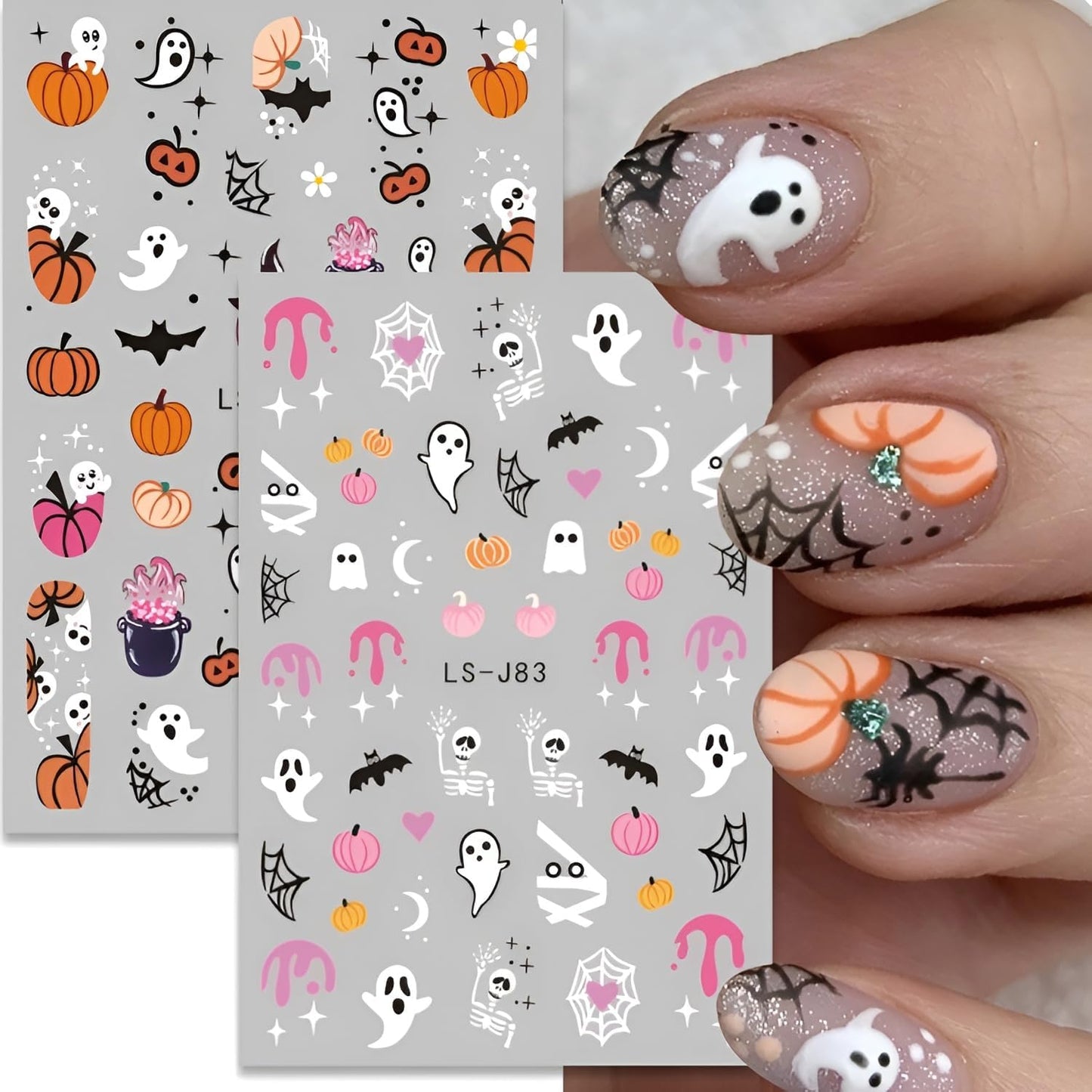 12 Sheets Halloween Nail Stickers for Nail Art 3D Self Adhesive Halloween Nail Decals Cute Ghost Nail Art Stickers Pumpkin Nail Design DIY Manicure Cat Bat Nails Supplies for Women Girls-FemmiqueWomen
