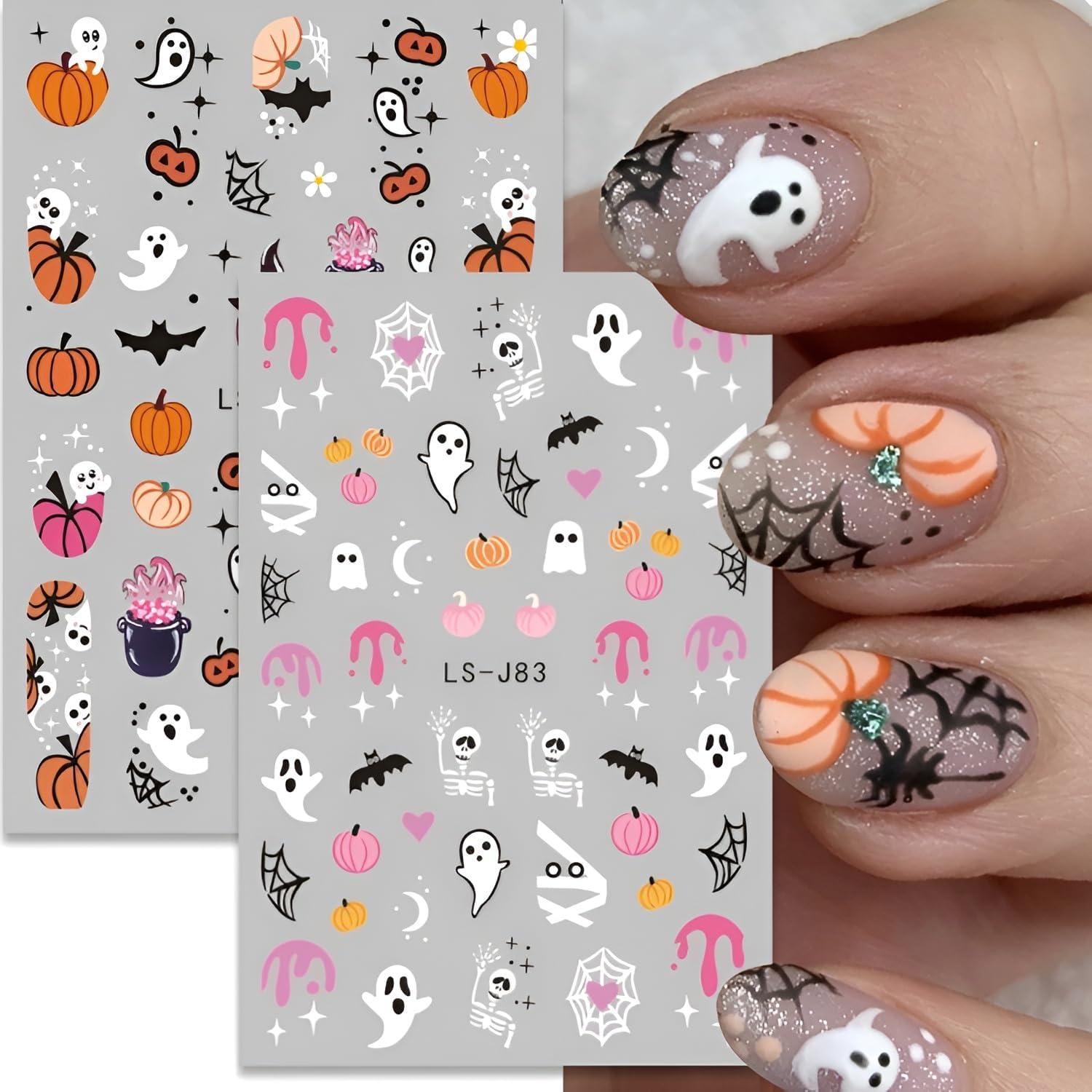 12 Sheets Halloween Nail Stickers for Nail Art 3D Self Adhesive Halloween Nail Decals Cute Ghost Nail Art Stickers Pumpkin Nail Design DIY Manicure Cat Bat Nails Supplies for Women Girls-FemmiqueWomen