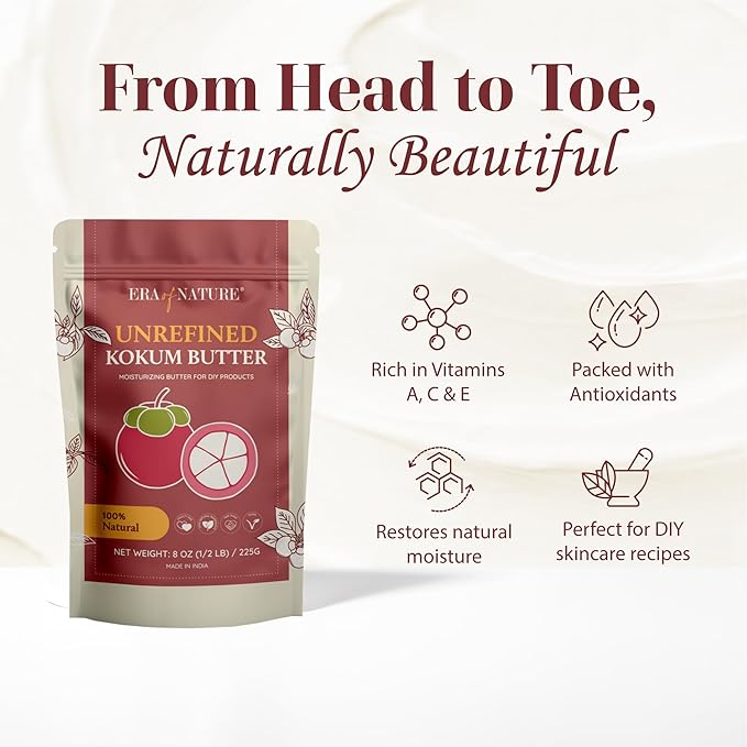 era of nature Kokum Butter Raw - 8 oz (1/2lb) – Natural Butter for Body Butters, Lotion Bars, Lip Balm, Soap Making – Blends Well with Shea or Cocoa Butter – For Stretch Marks, Scars, Pregnancy Care-FemmiqueWomen