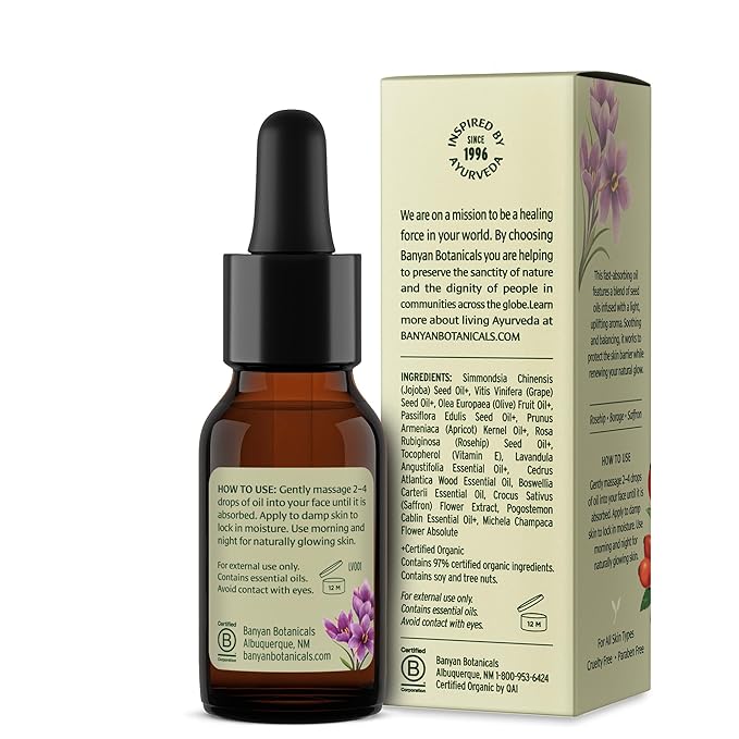 Banyan Botanicals Face Oil – Luxurious Ayurvedic Face Oil – Clean Skincare with Rosehip Oil and Jojoba Oil for Skin that Glows – 0.5 oz – Non-GMO, Cruelty Free, Paraben & Phthalate Free-FemmiqueWomen