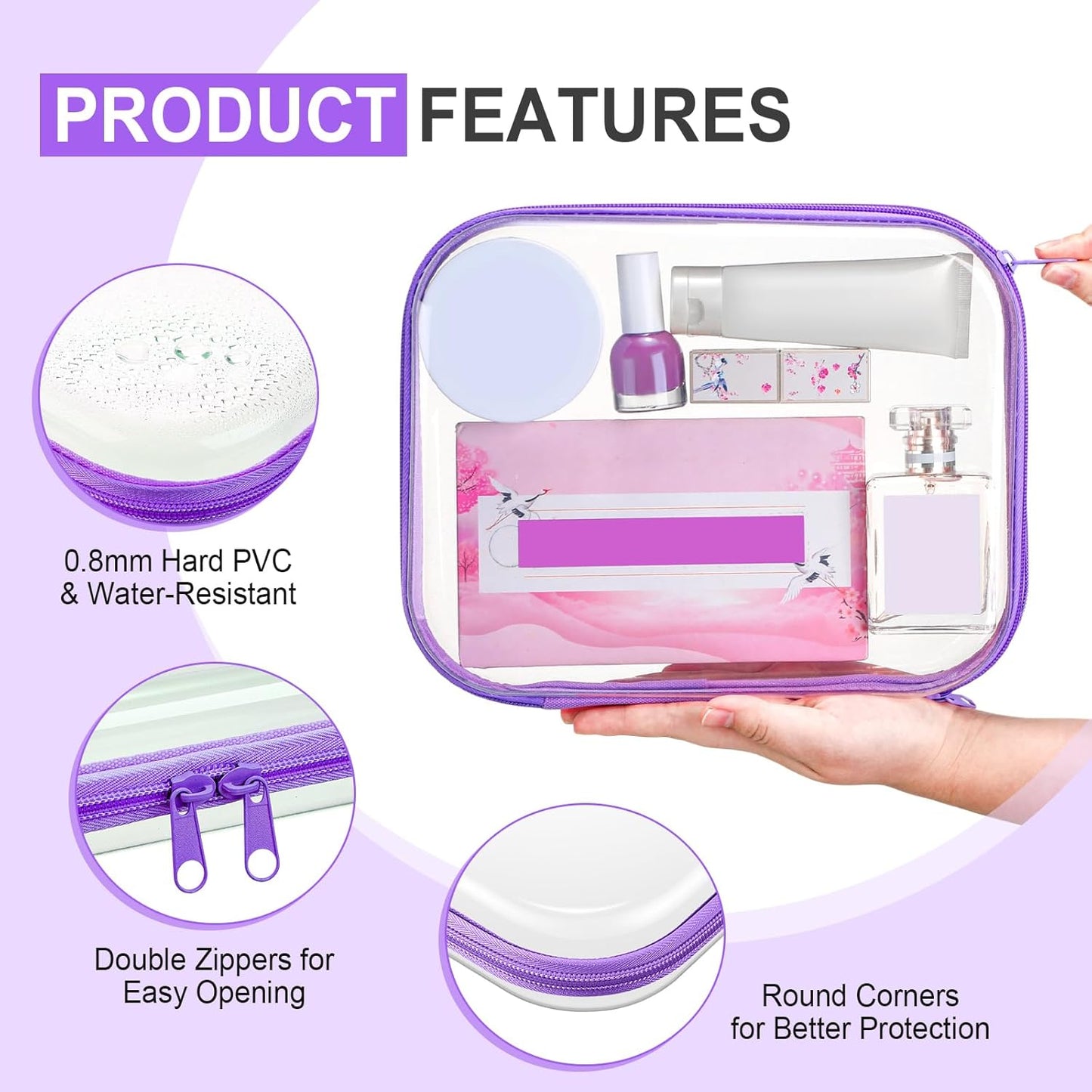 Sanwuta 6 Pcs Clear Hard Zipper Case Pencil Pouches Hard Plastic Zipper Pouches Makeup Bag Transparent Cases for Snacks Plastic Storage Organizer Box for Travel(Purple,9.84 x 7.87 x 2 Inch)-FemmiqueWomen