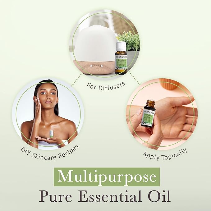 Pranarom USDA Certified Organic Rose Geranium Essential Oil (15ml), 100% Pure Undiluted Therapeutic Grade from Madagascar for Aromatherapy, Diffuser, Skincare, Relaxation, Pure Rose Scent-FemmiqueWomen