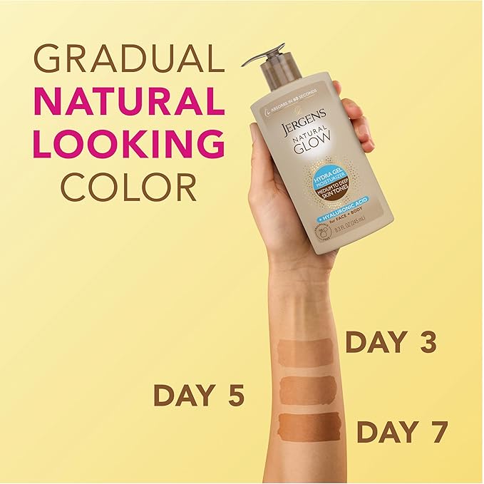 Jergens Natural Glow Hydra Gel Moisturizer, Gradual Tanning Lotion with Hyaluronic Acid, Hydrating Tanning Gel, Fragrance-Free Self Tanner, Medium to Deep Skin Tones 8.3 Fl Oz-FemmiqueWomen