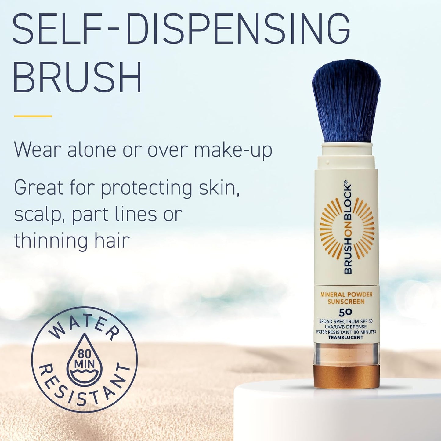 Brush On Block SPF 50 Mineral Powder Sunscreen, Translucent, Broad Spectrum, Water Resistant Face Protection, For All Skin Tones & Types, Reef Friendly, Mfg in USA-FemmiqueWomen