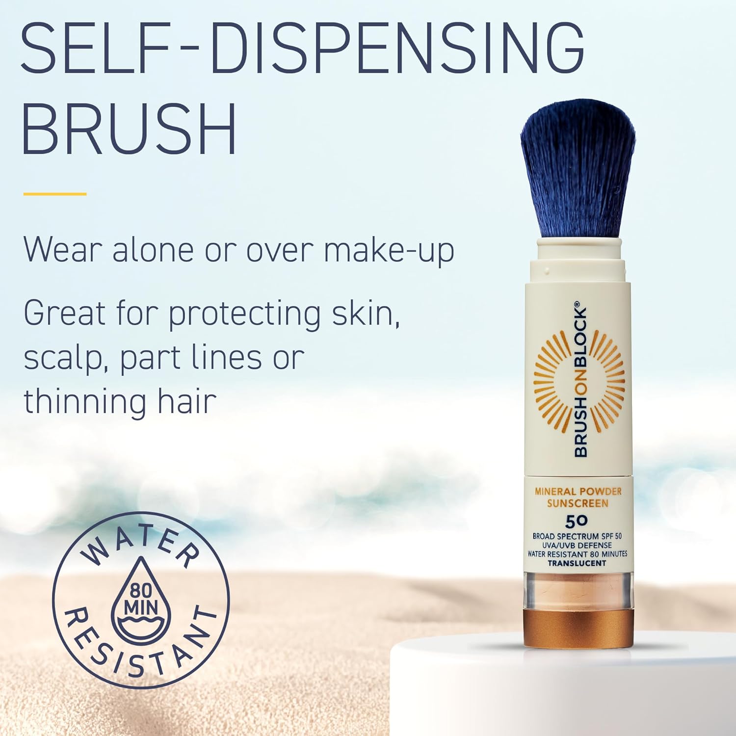 Brush On Block SPF 50 Mineral Powder Sunscreen, Translucent, Broad Spectrum, Water Resistant Face Protection, For All Skin Tones & Types, Reef Friendly, Mfg in USA-FemmiqueWomen