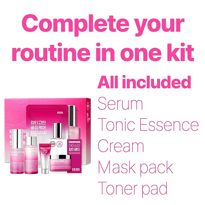 ISOI Blemish Care Up Serum Gift Set, Korean Skin Care for Hydration & Radiance – Full Size or 5-Step Travel Kit Options (5-Step Special Kit (1.77 fl.oz))-FemmiqueWomen
