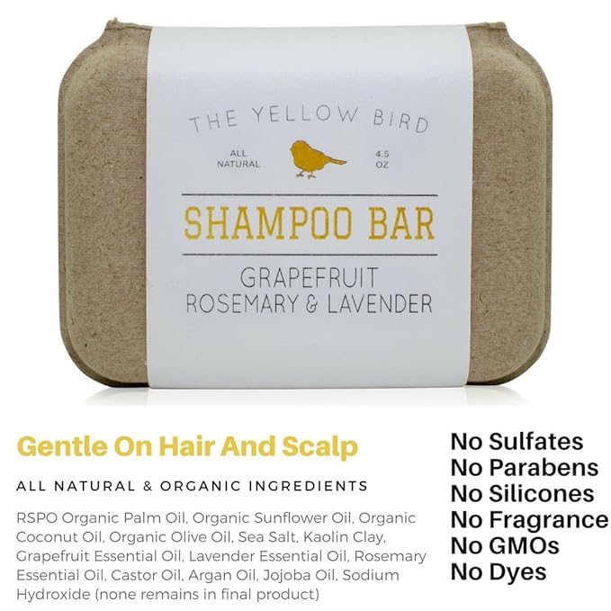 The Yellow Bird Solid Bar Shampoo Soap. Grapefruit, Rosemary, and Lavender. Mild Natural and Organic Ingredients. Sulfate Free. Gentle Scalp + Hair Care-FemmiqueWomen