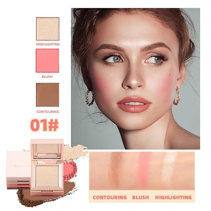 3 in 1 Contour Highlighter Blush Makeup Palette, Shimmer Matte 3 Colors Pigmented Brighten Highlighting Bronzer Blusher Eyeshadow Pallet, Long Lasting Shaping Full Face Eyes Makeup kit with Mirror-FemmiqueWomen