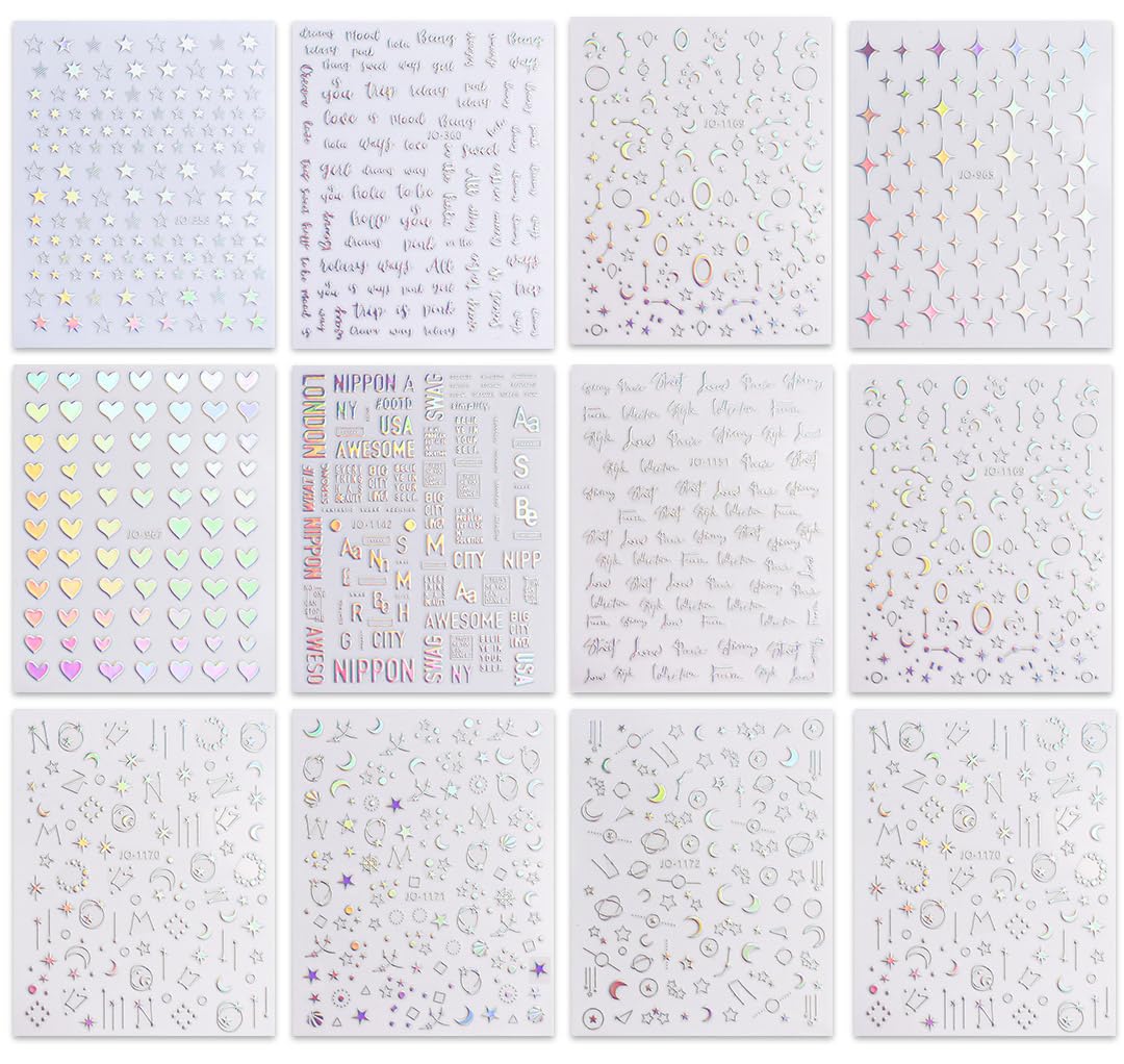 JMEOWIO 12 Sheets Aurora Nail Art Stickers Decals Self-Adhesive Pegatinas Uñas Glitter Holographic Star Heart Nail Supplies Nail Art Design Decoration Accessories-FemmiqueWomen